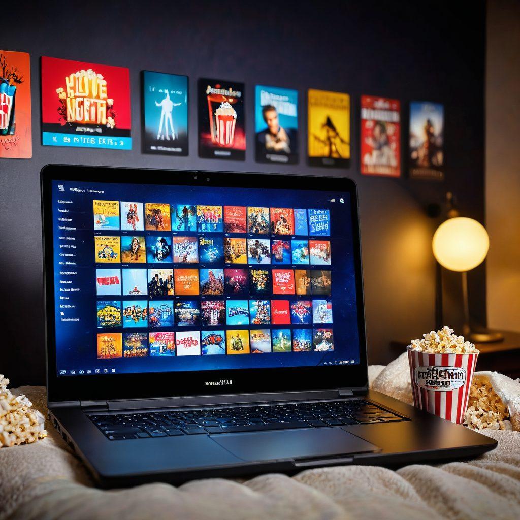 A sleek laptop with a vibrant screen displaying a collection of movie thumbnails, surrounded by popcorn and a cozy blanket. The background features a soft, glowing ambiance resembling a home theater, with posters of popular films subtly incorporated. A clock shows late night hours, emphasizing instant access to movies. The overall atmosphere should feel inviting and exciting. super-realistic. vibrant colors. cozy setting.
