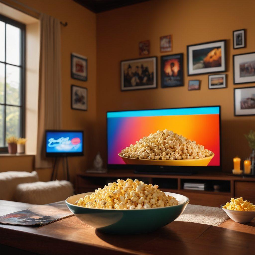A cozy home entertainment setup with a large flat-screen TV displaying vibrant movie posters, a bowl of popcorn in the foreground, and warm ambient lighting. Include a mix of classic films and recent blockbusters on virtual streaming service icons scattered around the scene. Captivate the viewer with inviting colors and a cinematic vibe. super-realistic. vibrant colors. cozy atmosphere.