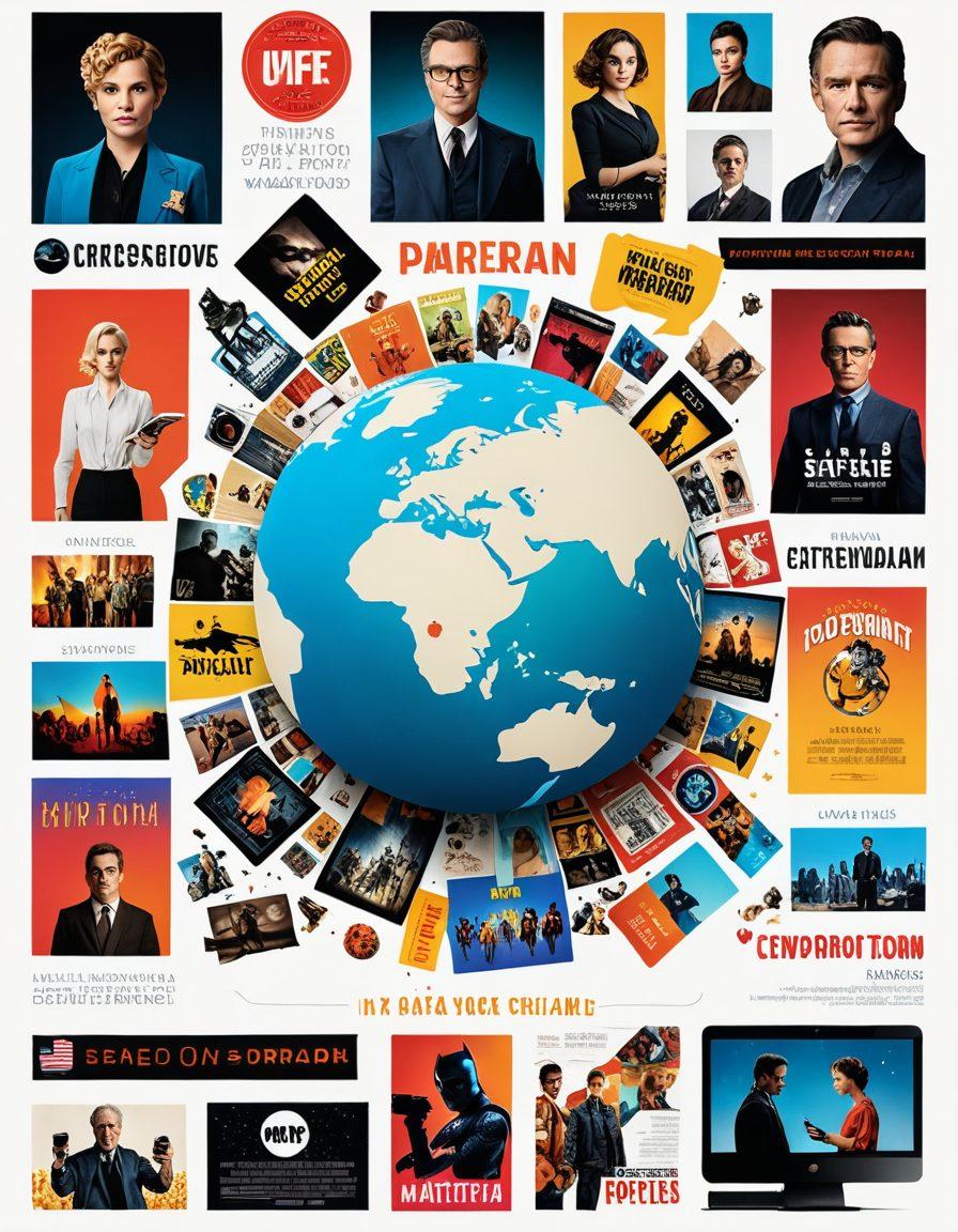 A captivating collage featuring various popular movie icons, streaming devices, and a globe symbolizing global access. Surround this with vibrant digital elements suggesting online platforms and downloads, while incorporating a cozy home setting with popcorn and a large screen displaying a film. Use colorful typography that hints at free access to movies. super-realistic. vibrant colors. white background.